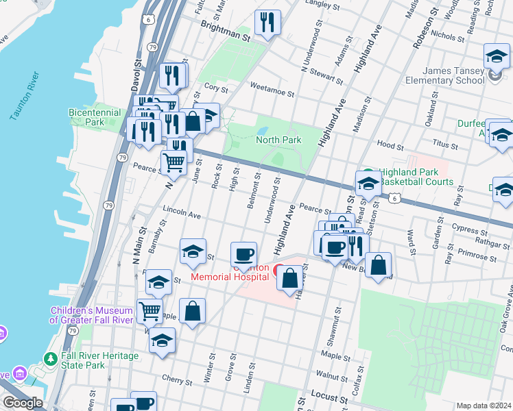 map of restaurants, bars, coffee shops, grocery stores, and more near 224 Underwood Street in Fall River