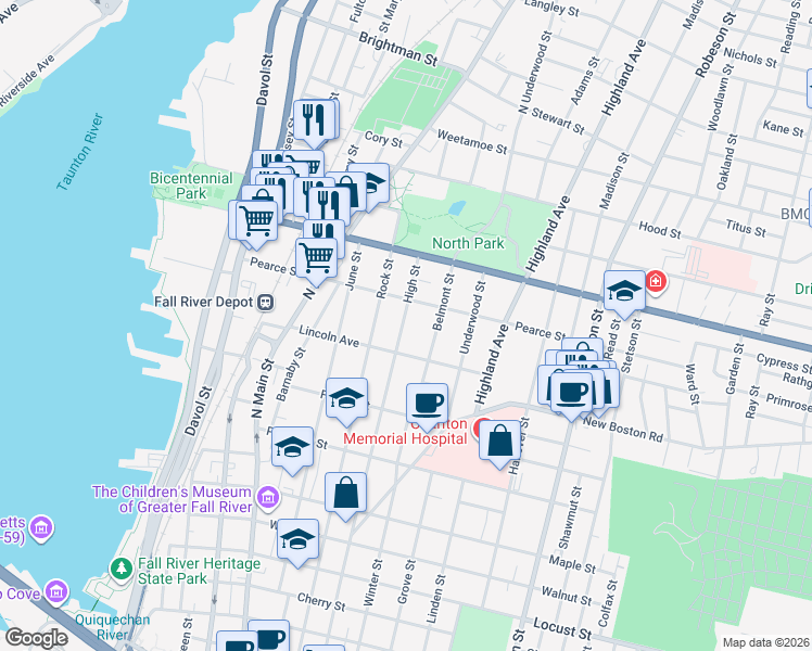 map of restaurants, bars, coffee shops, grocery stores, and more near 318 Belmont Street in Fall River