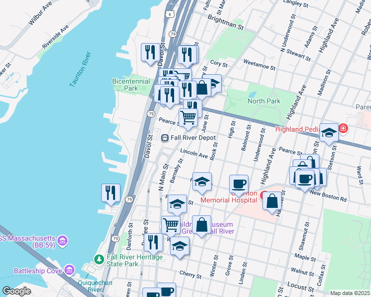map of restaurants, bars, coffee shops, grocery stores, and more near 252 Barnaby Street in Fall River
