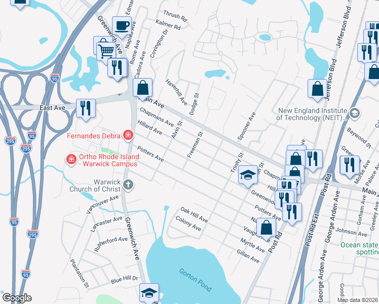 map of restaurants, bars, coffee shops, grocery stores, and more near 46 Freeman Street in Warwick