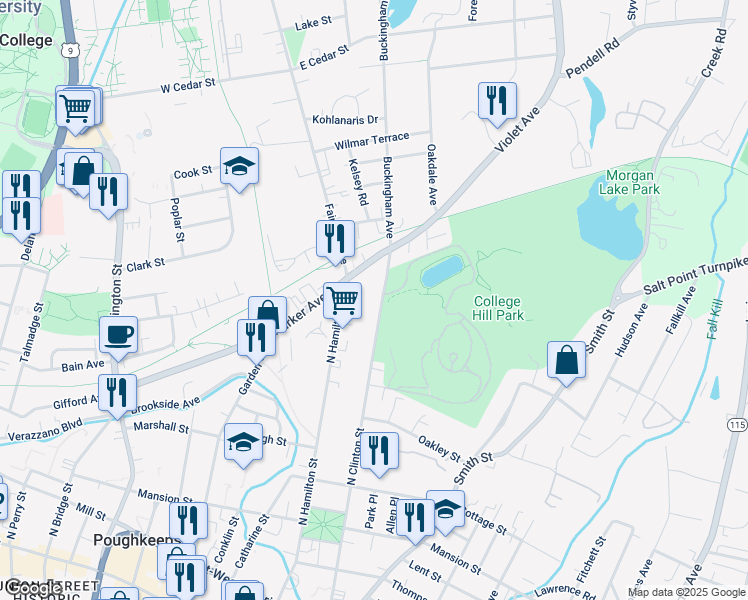 map of restaurants, bars, coffee shops, grocery stores, and more near 206 North Clinton Street in Poughkeepsie