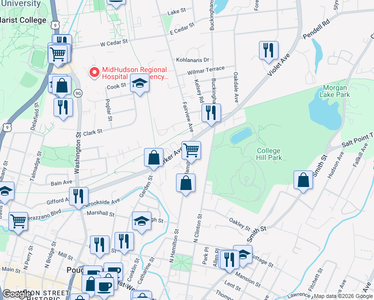 map of restaurants, bars, coffee shops, grocery stores, and more near 214 North Hamilton Street in Poughkeepsie