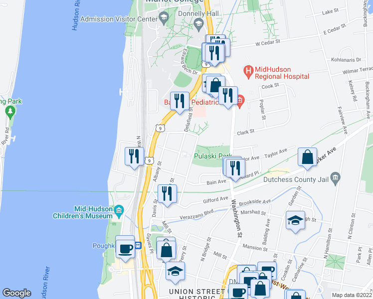 map of restaurants, bars, coffee shops, grocery stores, and more near 91 Delafield Street in Poughkeepsie