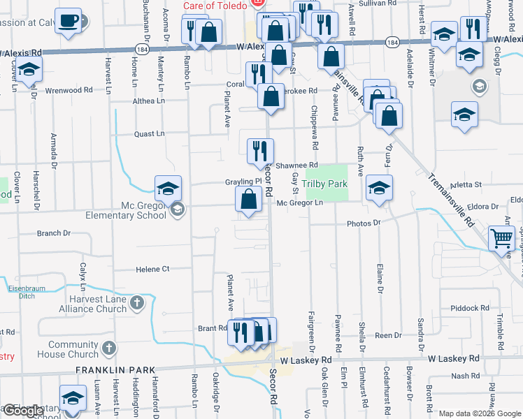 map of restaurants, bars, coffee shops, grocery stores, and more near 3323 Mc Gregor Lane in Toledo