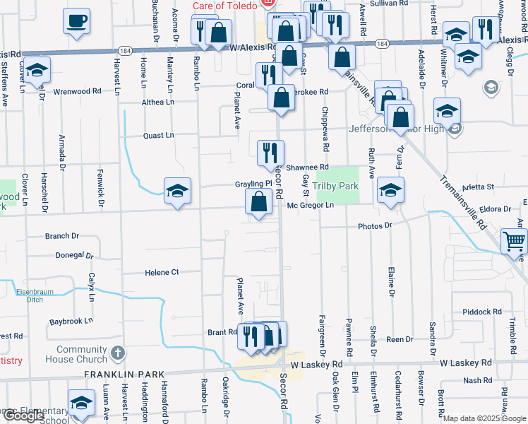 map of restaurants, bars, coffee shops, grocery stores, and more near 3323 Mc Gregor Lane in Toledo