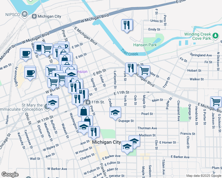 map of restaurants, bars, coffee shops, grocery stores, and more near 402 East 10th Street in Michigan City