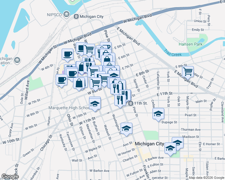 map of restaurants, bars, coffee shops, grocery stores, and more near 800 Washington Street in Michigan City