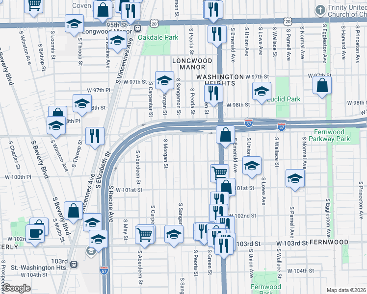 map of restaurants, bars, coffee shops, grocery stores, and more near 9919 South Sangamon Street in Chicago