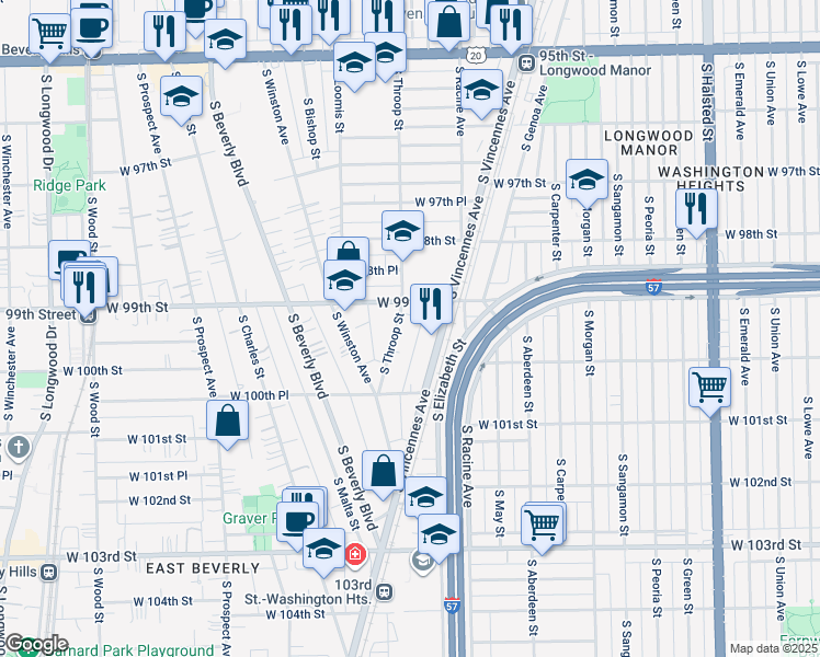 map of restaurants, bars, coffee shops, grocery stores, and more near 9914 South Throop Street in Chicago