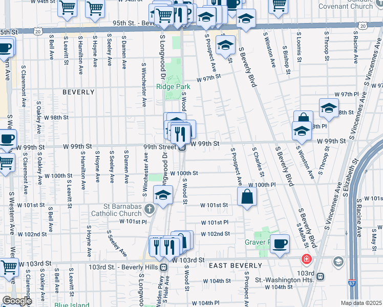 map of restaurants, bars, coffee shops, grocery stores, and more near 1713 West 99th Street in Chicago