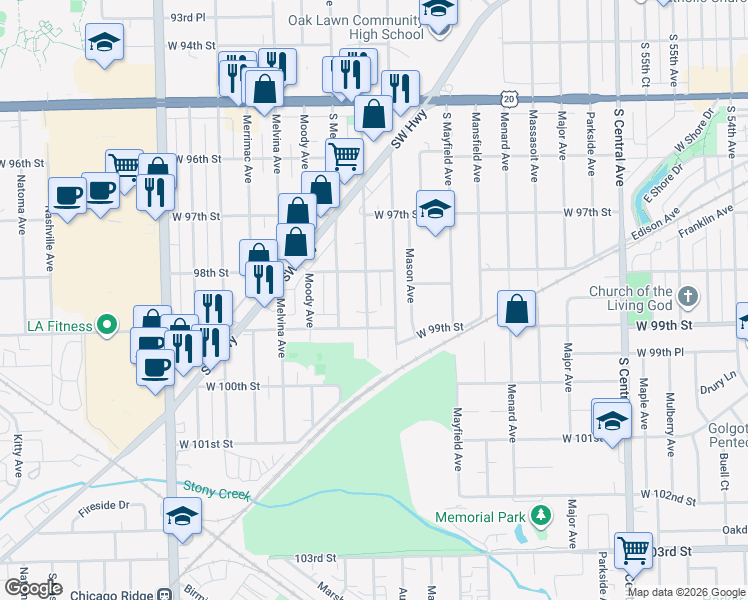 map of restaurants, bars, coffee shops, grocery stores, and more near 9817 McVicker Avenue in Oak Lawn