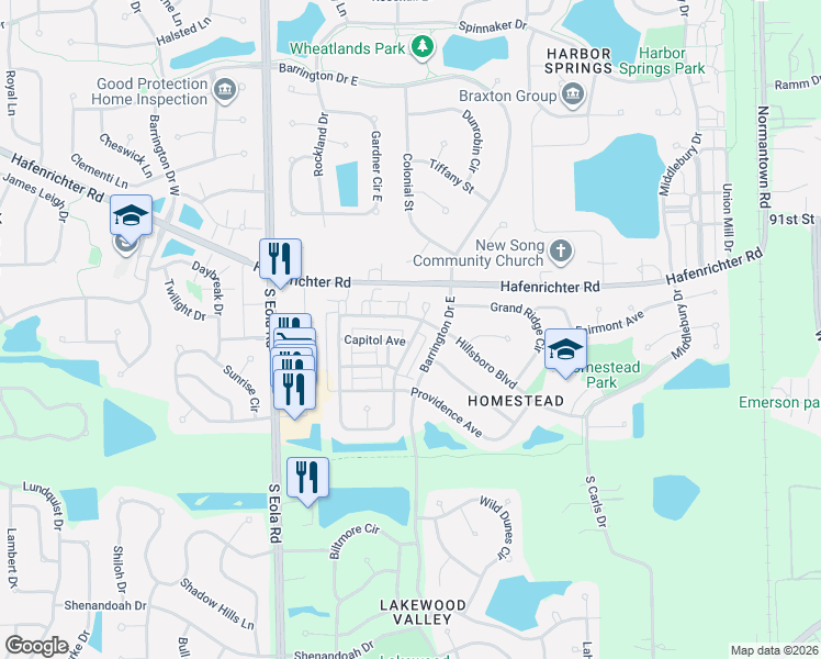 map of restaurants, bars, coffee shops, grocery stores, and more near 2575 Hillsboro Boulevard in Aurora