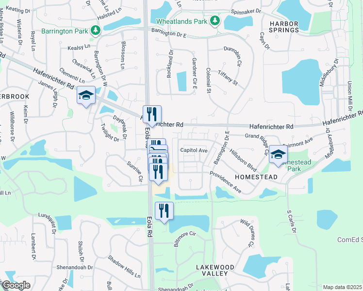 map of restaurants, bars, coffee shops, grocery stores, and more near 2535 Hillsboro Boulevard in Aurora