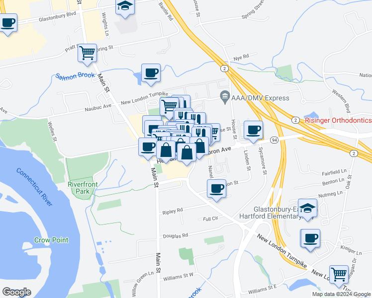 map of restaurants, bars, coffee shops, grocery stores, and more near 141 Hebron Avenue in Glastonbury