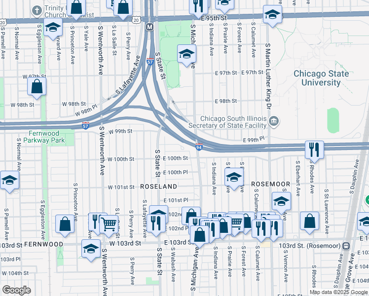 map of restaurants, bars, coffee shops, grocery stores, and more near 60 East 99th Place in Chicago