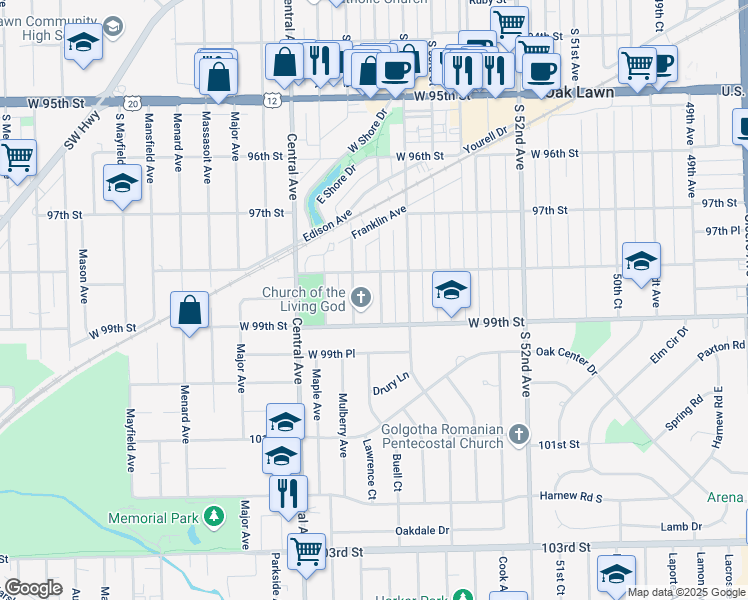 map of restaurants, bars, coffee shops, grocery stores, and more near 9824 Warren Avenue in Oak Lawn