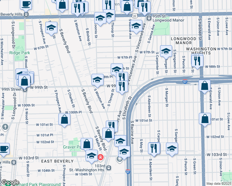 map of restaurants, bars, coffee shops, grocery stores, and more near 9914 South Throop Street in Chicago