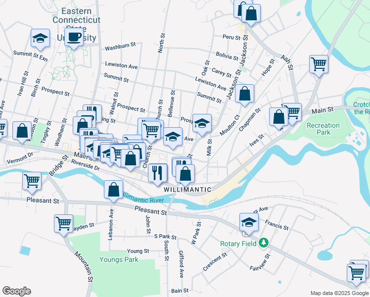 map of restaurants, bars, coffee shops, grocery stores, and more near 100 Jackson Street in Windham