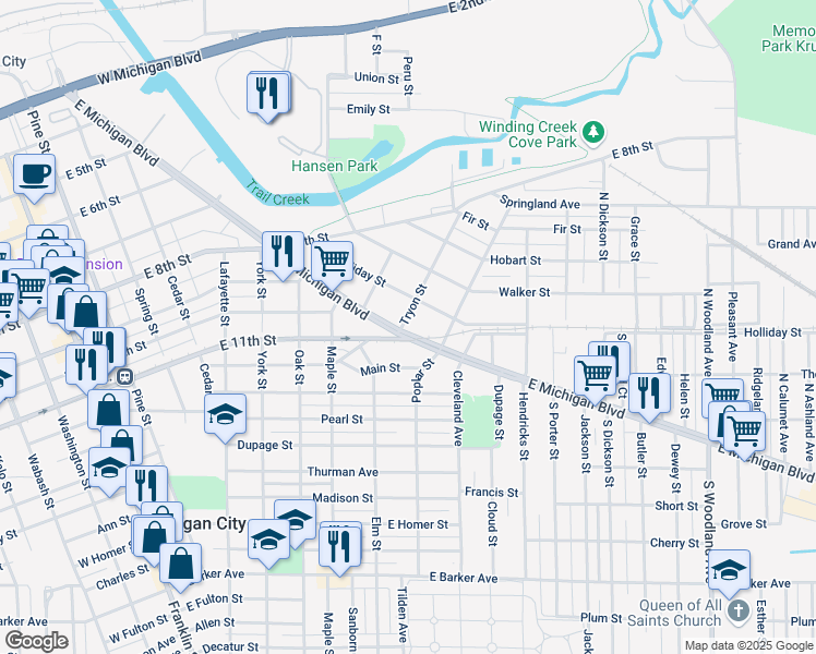 map of restaurants, bars, coffee shops, grocery stores, and more near 1104 East Michigan Boulevard in Michigan City