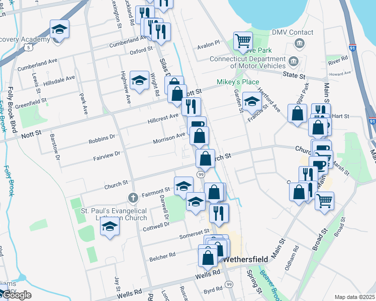 map of restaurants, bars, coffee shops, grocery stores, and more near 455 Silas Deane Highway in Wethersfield