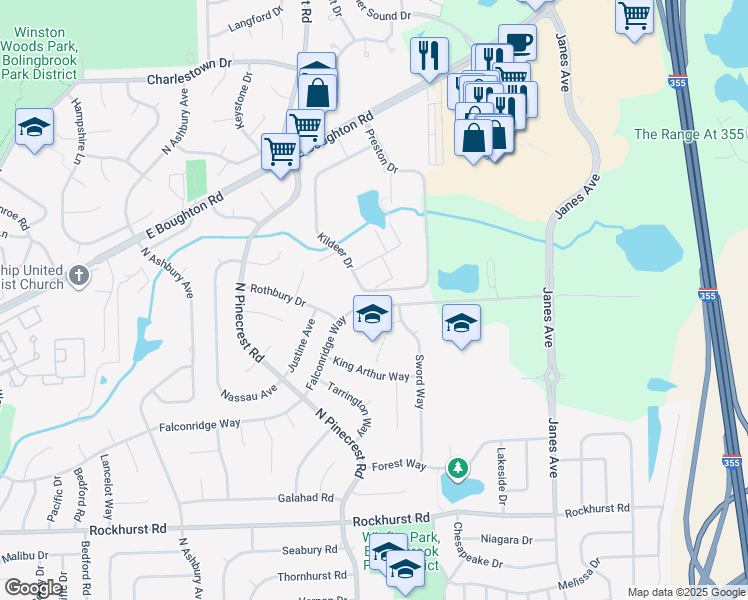 map of restaurants, bars, coffee shops, grocery stores, and more near 528 Falconridge Way in Bolingbrook