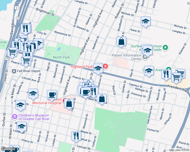 map of restaurants, bars, coffee shops, grocery stores, and more near 214 Read Street in Fall River