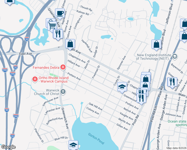 map of restaurants, bars, coffee shops, grocery stores, and more near 46 Freeman Street in Warwick