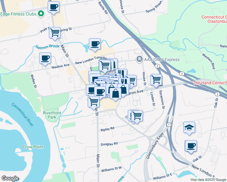 map of restaurants, bars, coffee shops, grocery stores, and more near 141 Hebron Avenue in Glastonbury