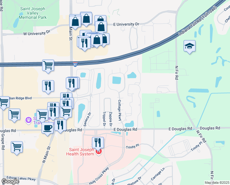 map of restaurants, bars, coffee shops, grocery stores, and more near 5829 Cottage Circle in Mishawaka