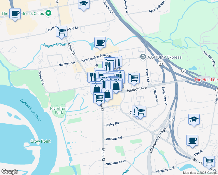 map of restaurants, bars, coffee shops, grocery stores, and more near 36 Welles Street in Glastonbury