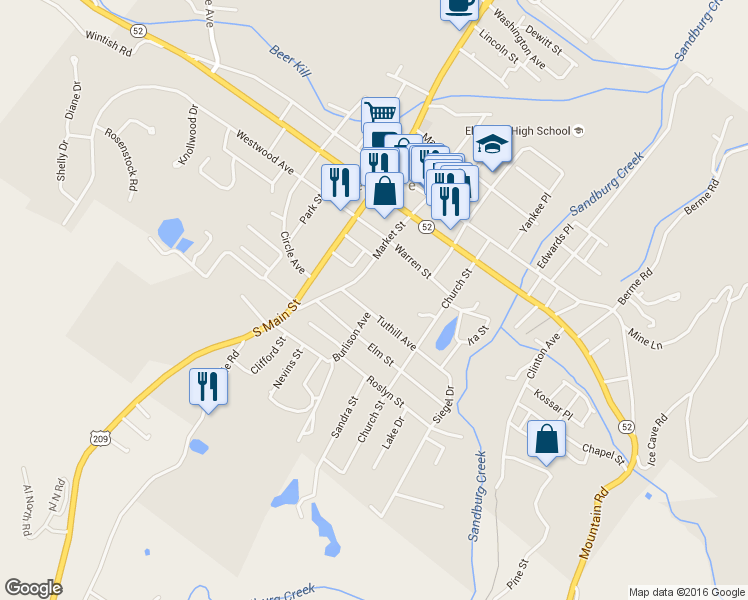 map of restaurants, bars, coffee shops, grocery stores, and more near 12 Tuthill Avenue in Ellenville