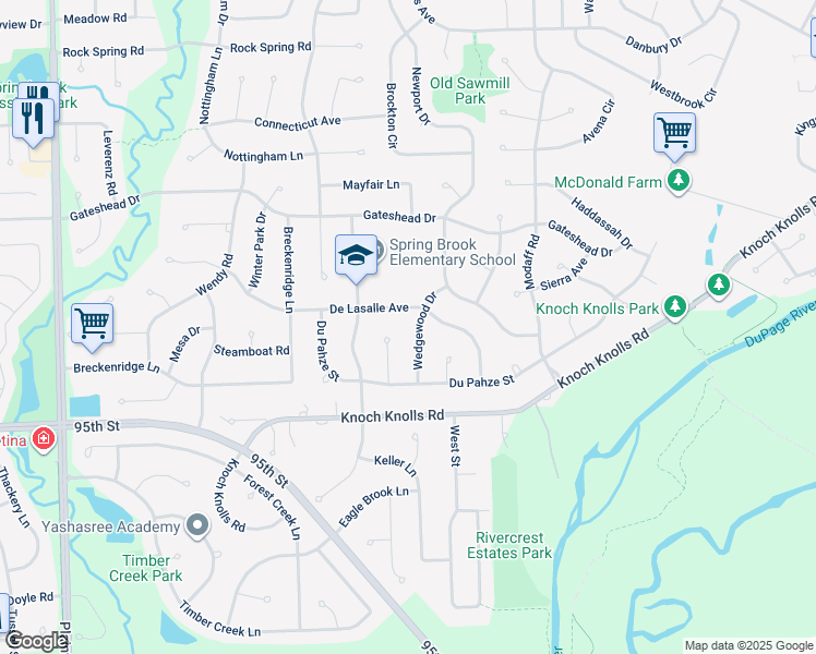 map of restaurants, bars, coffee shops, grocery stores, and more near 2793 Wedgewood Drive in Naperville