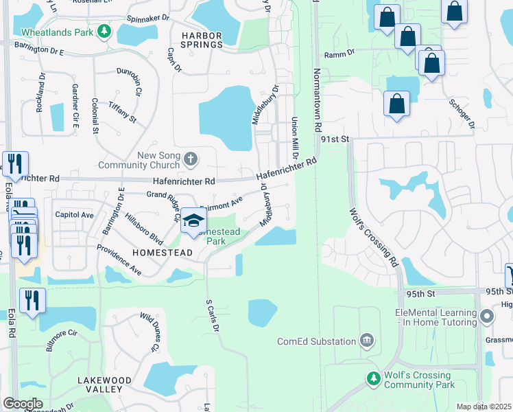 map of restaurants, bars, coffee shops, grocery stores, and more near 3102 Thunderbird Court West in Aurora