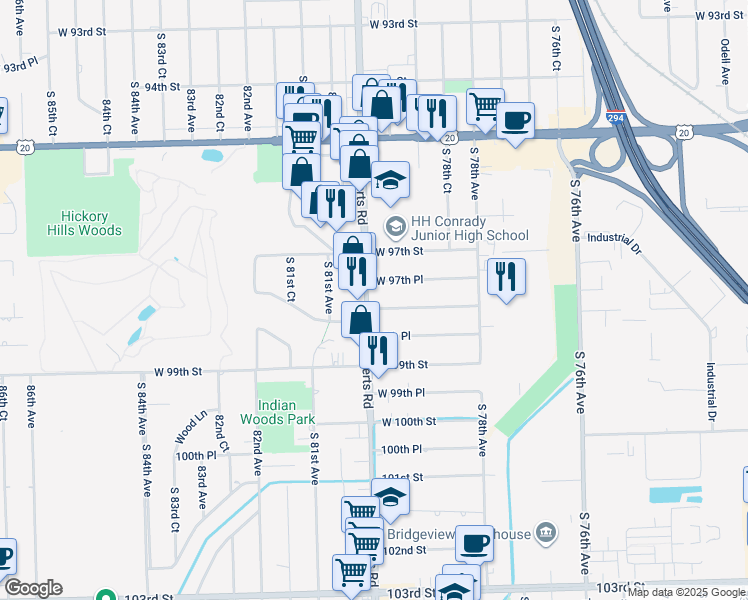 map of restaurants, bars, coffee shops, grocery stores, and more near 7942 West 98th Street in Hickory Hills