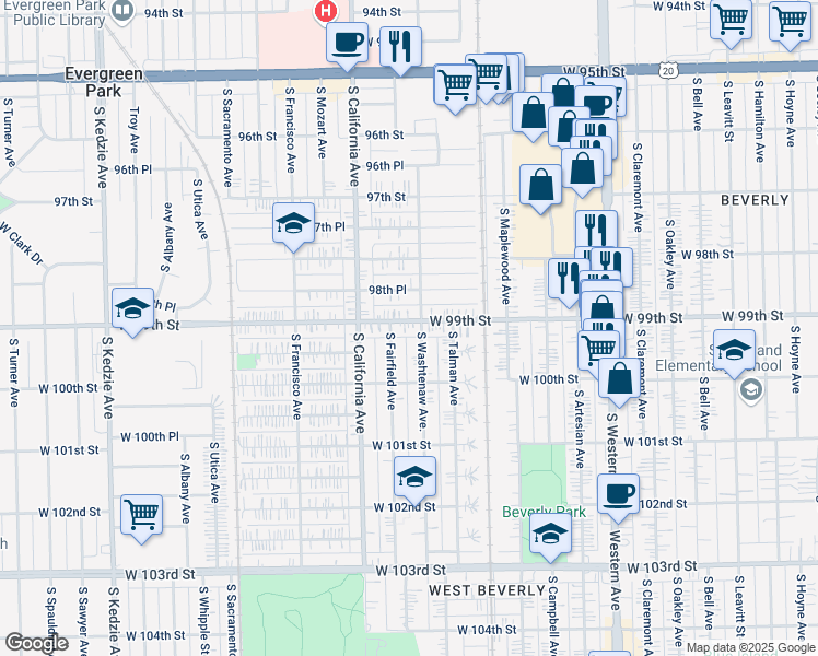 map of restaurants, bars, coffee shops, grocery stores, and more near 2709 West 99th Street in Chicago