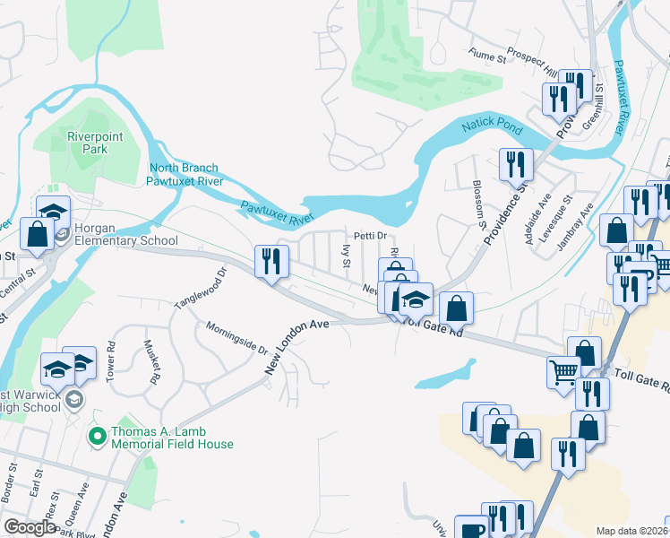 map of restaurants, bars, coffee shops, grocery stores, and more near 73-75 Newell Street in West Warwick
