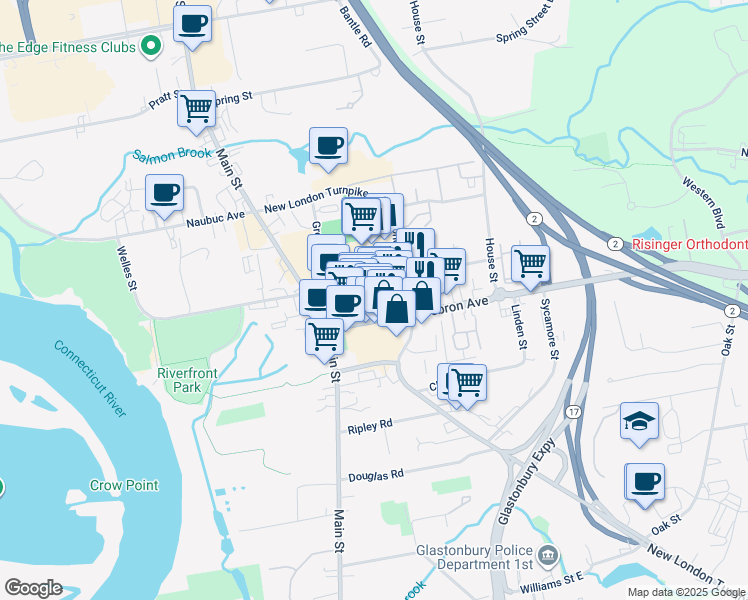 map of restaurants, bars, coffee shops, grocery stores, and more near 141 Hebron Avenue in Glastonbury