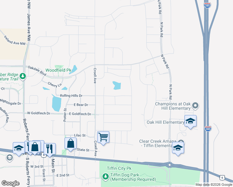 map of restaurants, bars, coffee shops, grocery stores, and more near 698 Rolling Hills Drive in Tiffin