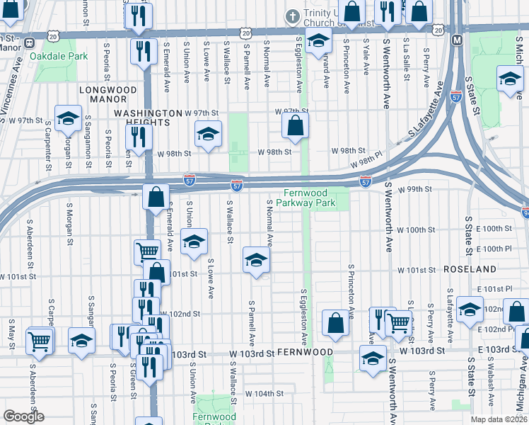 map of restaurants, bars, coffee shops, grocery stores, and more near 9926 South Normal Avenue in Chicago