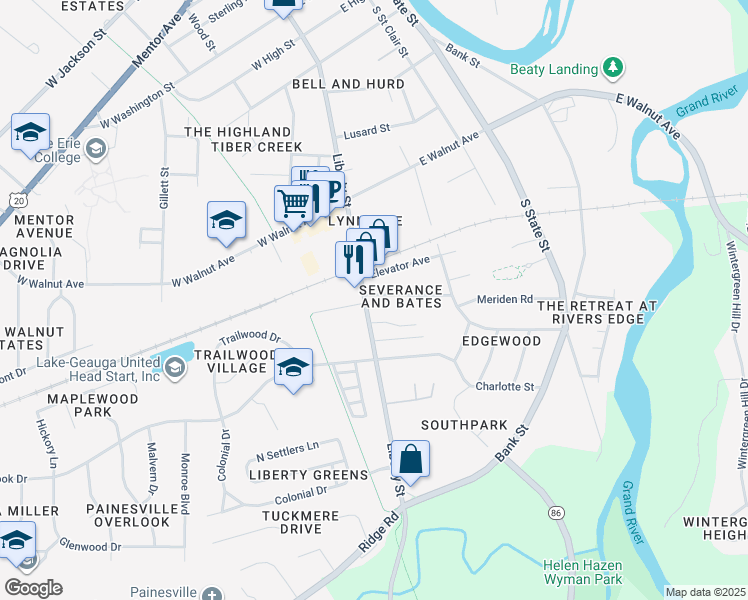 map of restaurants, bars, coffee shops, grocery stores, and more near 577 Liberty Street in Painesville