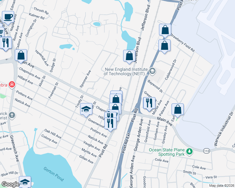 map of restaurants, bars, coffee shops, grocery stores, and more near 145 Kenyon Avenue in Warwick