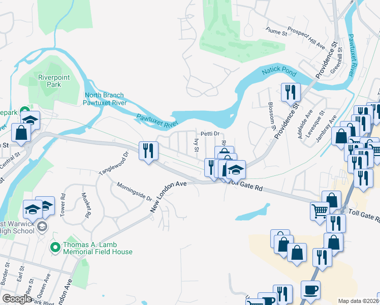 map of restaurants, bars, coffee shops, grocery stores, and more near 73-75 Newell Street in West Warwick