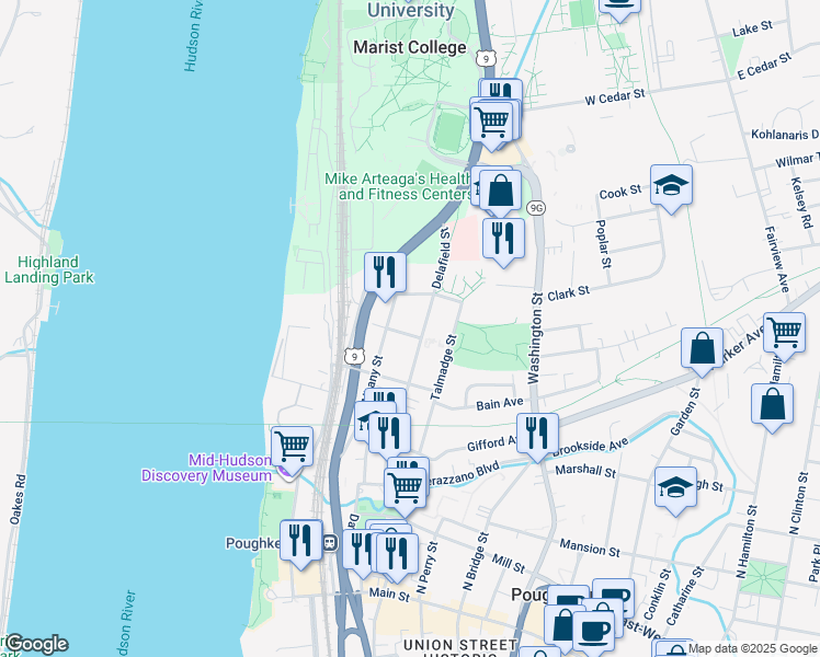 map of restaurants, bars, coffee shops, grocery stores, and more near 25 Whinfield Street in Poughkeepsie