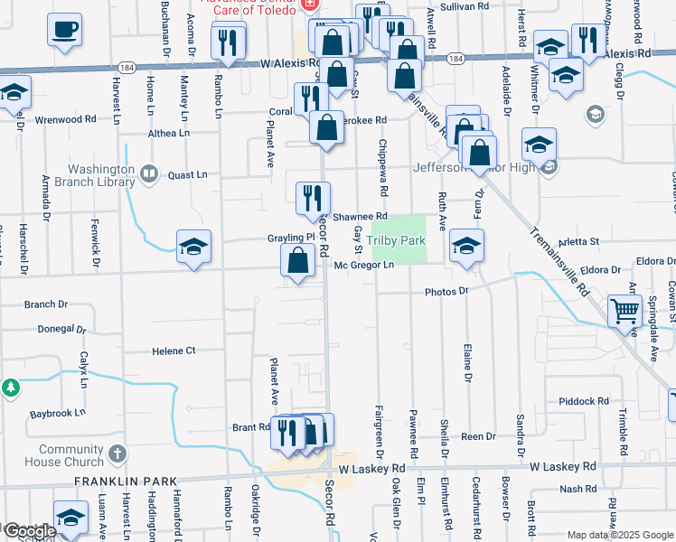 map of restaurants, bars, coffee shops, grocery stores, and more near in Toledo