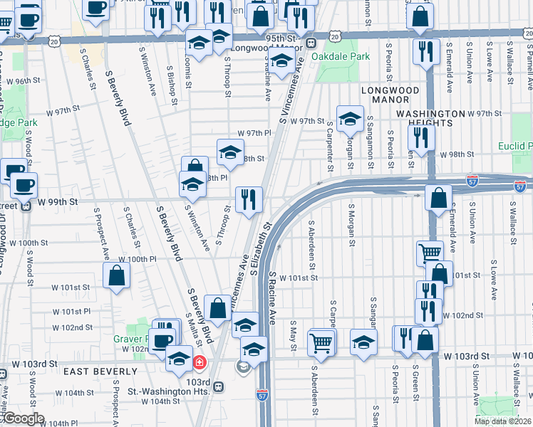 map of restaurants, bars, coffee shops, grocery stores, and more near 9911 South Racine Avenue in Chicago