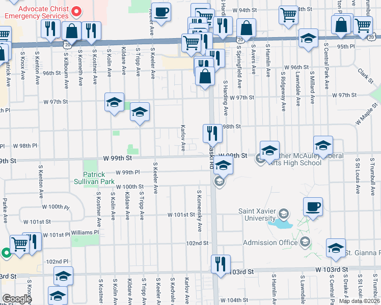 map of restaurants, bars, coffee shops, grocery stores, and more near 4038 Almansa Lane in Oak Lawn