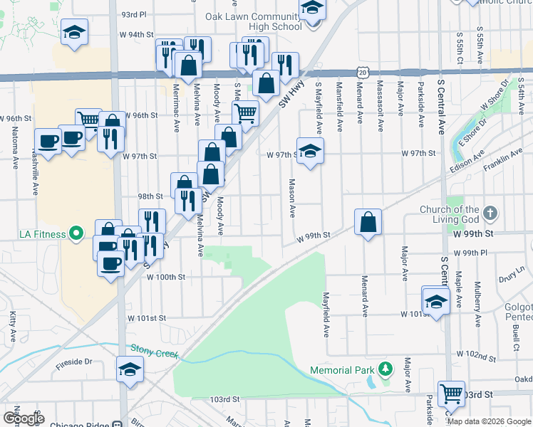 map of restaurants, bars, coffee shops, grocery stores, and more near 9817 McVicker Avenue in Oak Lawn