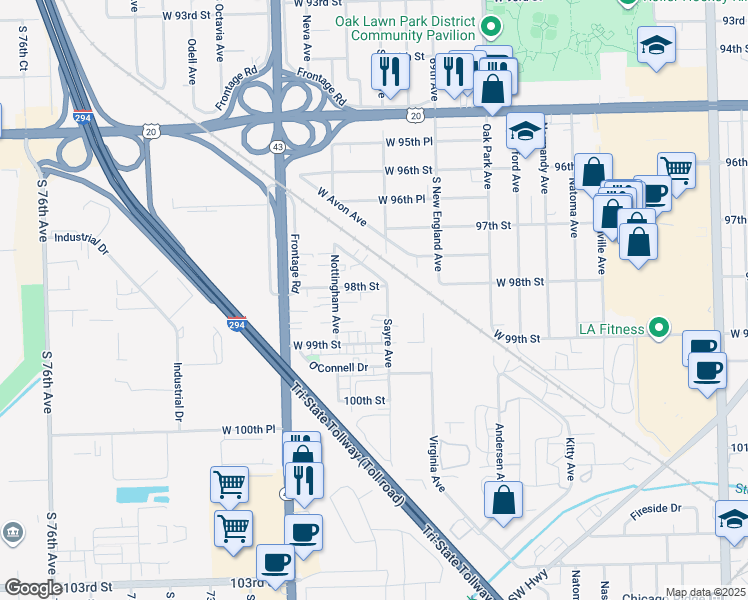 map of restaurants, bars, coffee shops, grocery stores, and more near 7035 98th Street in Chicago Ridge