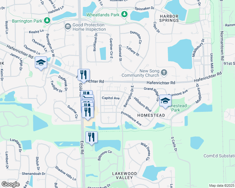 map of restaurants, bars, coffee shops, grocery stores, and more near 2575 Hillsboro Boulevard in Aurora