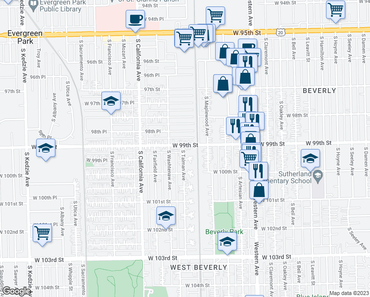 map of restaurants, bars, coffee shops, grocery stores, and more near 2623 West 99th Street in Chicago